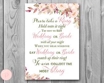 Boho Floral Don't Say Wedding or Bride Game, Don't Say a word Game, Take a Ring Game, Coed Bridal shower game, Shower activity, WD85 TH46