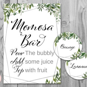 Greenery Silver Mimosa Bar Sign, Bubbly Bar Sign, with Round Juice Tags, Printable Sign, Wedding Decoration Sign, Bridal Shower TH98