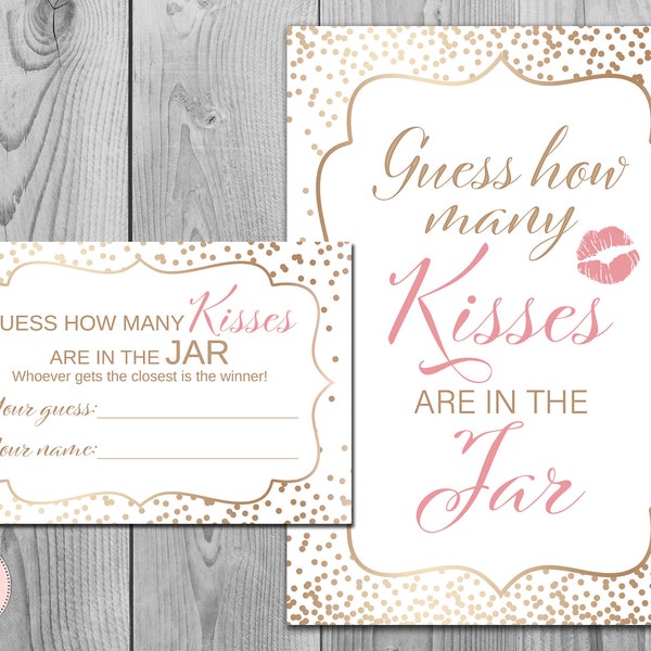 Gold Confetti Guess How Many Kisses, Bridal Shower Games, Rustic Mason Jar, Gold Bridal Shower Guessing Game, Bachelorette Game wd93 TH62