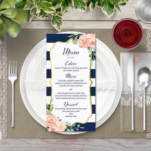 Marine & Gold Floral personalisierte Hochzeitsmenü, benutzerdefinierte Hochzeit Menü druckbare, Hochzeit Menü Vorlage, Dusche Menü, TH74 WM187