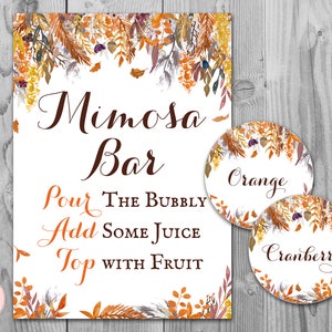 Autumn Fall Mimosa Bar Sign, Bubbly Bar Sign, with Round Juice Tags, Printable Sign, Wedding Decoration Sign, Drink Tags WD84 TH47