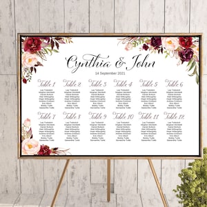 Marsala Bruiloft Zitplaatsen Grafiek, Afdrukbare Aangepaste Bruiloft Kaart Teken, Marsala Bloemen Bruiloft Zitplaatsen, Bruiloft Zitplank TH99 TH86 WC179