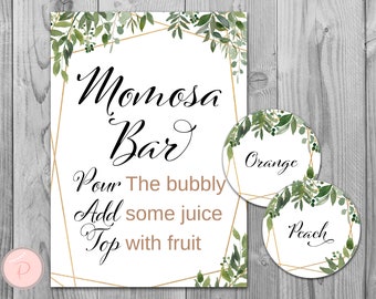 Greenery Momosa Bar Sign, Bubbly Bar Sign, with Round Juice Tags, Printable Sign, Mom-osa bar Decoration Sign, Baby Shower Bar Sign TH93