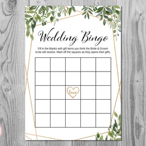 Tarjetas de bingo de ducha de boda de vegetación, Bingo de despedida de soltera mixto imprimible, Bingo de artículos de regalo, juego de despedida de soltera, TH93 imprimible
