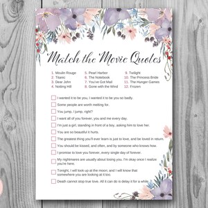 Purple Floral Movie Matching Game, Famous Love Quote Movie Game, Bridal shower game, Bridal shower activity, Printable Game TH71