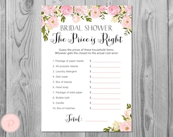 May include: A printable bridal shower game with a pink floral design. The game is called "The Price is Right" and asks guests to guess the prices of household items.
