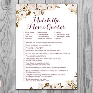 Movie Matching Game, Famous Love Quote Movie Game, Coed Bridal shower game, Bridal shower activity, Printable Game wd99 game TH41