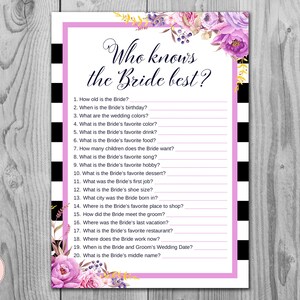 Magenta Floral How well do you know the Bride game, Who knows the bride best, bachelorette Game, Bridal Shower Games WD79 TH34