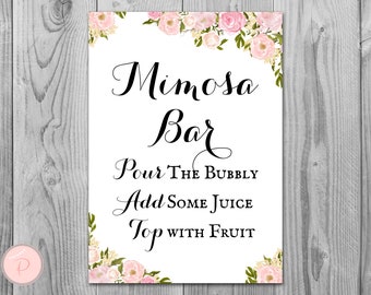 Signo de barra de peonías rosas Mimosa, signo de barra burbujeante, signo de barra de boda, signo imprimible, signo de decoración de boda, fiesta de compromiso Mimosa WD67 TH18