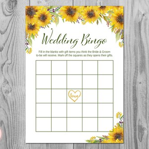 Tarjetas de bingo de ducha de boda de girasol, bingo de despedida de soltera mixto imprimible, bingo de artículos de regalo, juego de despedida de soltera, TH80 imprimible