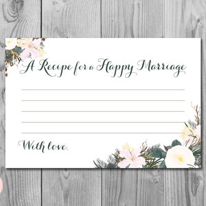 ホワイトフローラル 幸せな結婚のためのレシピ 印刷可能なカード、ウェディングシャワー、ブライダルシャワーゲームアクティビティ、印刷可能なゲーム WD74 TH21