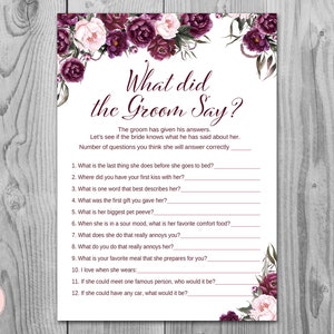Marsala Floral What did the Groom Say Game, What did groom say about Bride, How well couple know each other, Couples shower Game TH86