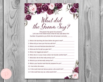 Marsala Floral What did the Groom Say Game, What did groom say about Bride, How well couple know each other, Couples shower Game TH86