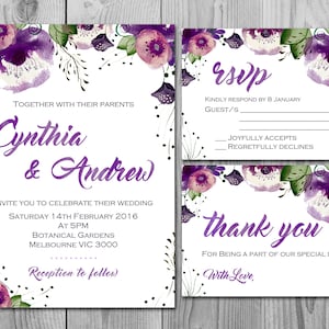 Purple Wedding Invitation, Invitation de mariage Imprimable, Douche de mariée, Douche de bébé, Personnalisé, Wedding Invitation Suite WD83 TH43 WI31