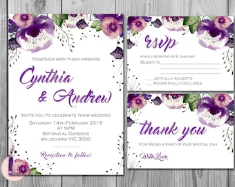 Purple Wedding Invitation, Wedding Invitation Printable, Bridal Shower, Baby Shower, Personalized, Wedding Invitation Suite WD83 TH43 WI31