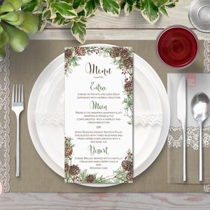 Boże Narodzenie, Boże Narodzenie, Zimowe Menu, Menu Szyszkowe, Spersonalizowane Menu, Niestandardowe Menu Weselne Do Wydruku, Szablon Menu Weselnego, Menu Śnieżne TH58 WM169