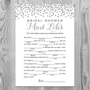 Silber Konfetti Brautparty Mad Libs, Hochzeit Rat Karten, Hochzeit Mad Libs, Brautdusche Mad Libs, Braut Mad Libs, Mad Lib Rat TH63