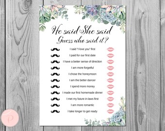 Succulent He Said She Said Bridal Shower game, Who Said the Phrase Game, Bridal shower game, Bridal shower activity, Printable Game TH97