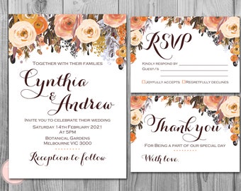 Fall Wedding Invitation Set, Wedding Invitation Printable, Bridal Shower, Baby Shower, Personalized, Wedding Invitation Suite wd82 TH40 WI19