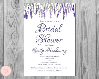 May include: A lavender-themed bridal shower invitation with a watercolor illustration of lavender flowers. The invitation includes the text "Please join us for a Bridal Shower honoring Emily Hathaway" and details about the event, including the date, time, location, and RSVP information.