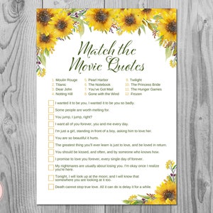 Sunflower Movie Matching Game, Famous Love Quote Movie Game, Bridal shower game, Bridal shower activity, Printable Game TH80
