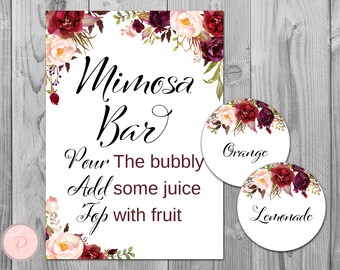 Marsala Floral Mimosa Bar Sign, Bubbly Bar Sign, with Round Juice Tags, Printable Sign, Wedding Decoration Sign, Bridal Shower TH99