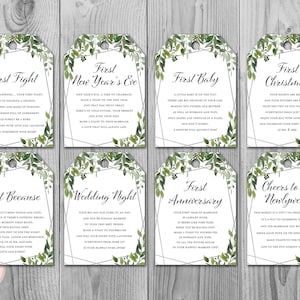 Greenery Silver Milestone Wedding Tags, Wine Tag Firsts, mijlpaal wijnetiketten bruiloft, huwelijk mijlpaal etiketten, huwelijkscadeau TH98