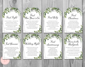 Greenery Silver Milestone Wedding Tags, Wine Tag Firsts, milestone wine labels wedding, marriage milestone labels, wedding gift TH98