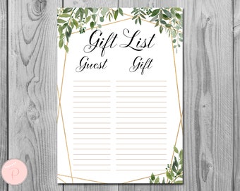 Lista regali verde, Lista regali addio al nubilato, Lista regali Baby Shower, Lista degli ospiti stampabile, Lista di controllo regali, Tracker regali TH93