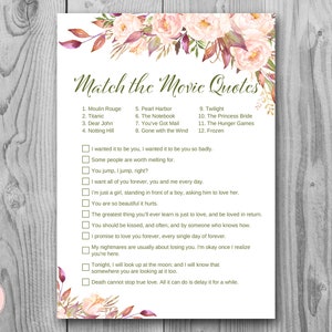 Boho Floral Movie Matching Game, Famous Love Quote Movie Game, Coed Bridal shower game, Bridal shower activity, Printable Game WD85 TH46