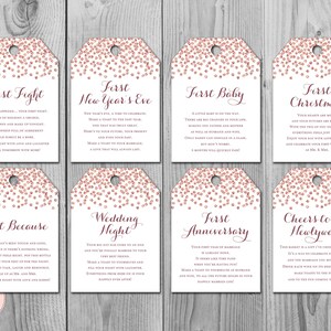 Rose Gold Milestone Wedding Tags, Wine Tag Firsts, mijlpaal wijnetiketten bruiloft, huwelijk mijlpaal etiketten, huwelijkscadeau voor paar TH68