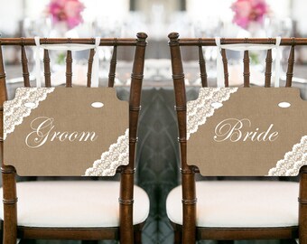 Jute Lace bruid en bruidegom stoel banner, bruiloft decoraties, stoel banner, bruiloft teken, afdrukbare stoel teken TH79 SN34