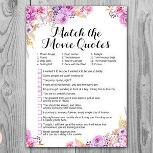 Purple Movie Matching Game, Famous Love Quote Movie Game, Bridal shower game, Bridal shower activity, Printable Game WD72 TH19