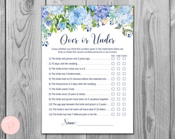 Hydrangea Over or Under Bridal Shower Games, Over or Under the Number, Whats in your Purse Alternate, Bachelorette Game, Hens Game TH84 z