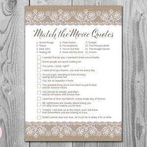 Burlap and Lace Movie Matching Game, Famous Love Quote Movie Game, Bridal shower game, Bridal shower activity, Printable Game TH79