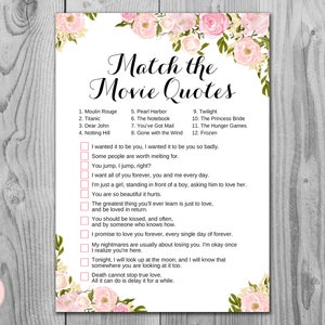 Pink Movie Matching Game, Famous Love Quote Movie Game, Bridal shower game, Bridal shower activity, Printable Game TH18 WD67