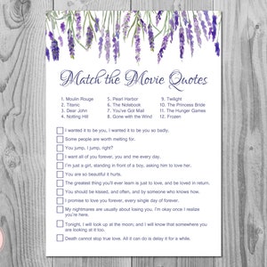 Lavender Movie Matching Game, Famous Love Quote Movie Game, Bridal shower games, Bridal shower activity, Printable Game TH85