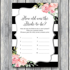 Silver Pink Floral How old was the Bride to be Bridal Shower game, Guess the age of Bride, Bridal shower game activity, Printable TH81.2 z