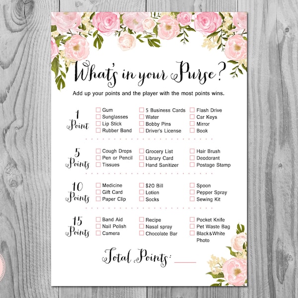 What's in your Purse Bridal Shower Game, Purse Hunt, Purse Raid, Bridal shower games, Bridal shower activity, Printable Game WD67 TH13