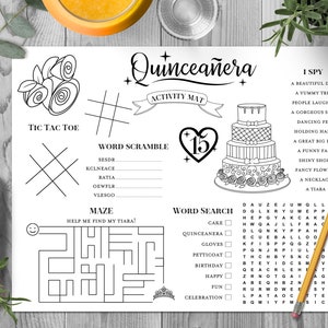 Quinceanera Kids Activity en Coloring Mat, Quinceanera Kids Table Activiteiten, Quinceanera Coloring Mat, kweepeer kleuren, kweepeer años, TG08