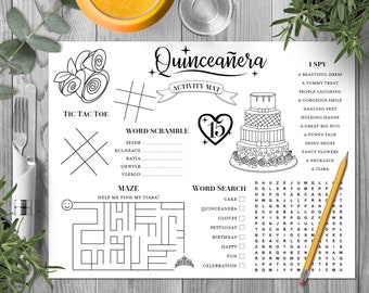 Quinceanera Kids Activity and Coloring Mat, Quinceanera Kids Table Activities, Quinceanera Coloring Mat, quince Coloring, quince años, TG08