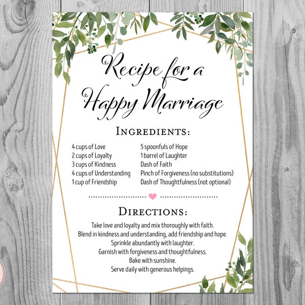 Greenery A Recipe for a Happy Marriage Printable Sign, Wedding Shower, Bridal shower sign, Bridal shower activity, Printable sign TH93