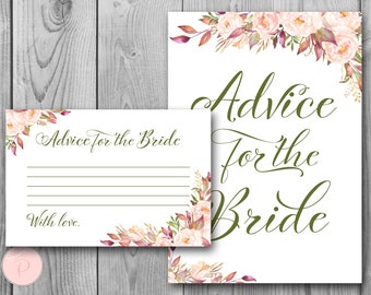 Boho Floral Advice for the Bride Card & Sign, Printable Advice Cards, Bridal shower Games Printable, Instant Download WD85 TH46