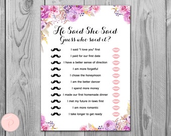 Purple He Said She Said Bridal Shower game, Who Said the Phrase Game, Bridal shower game, Bridal shower activity, Printable Game WD72 TH19