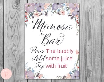 Purple Floral Mimosa Bar Sign, Bubbly Bar Sign, Wedding Bar Sign, Printable Sign, Wedding Decoration Sign, Engagement Party Mimosa TH71