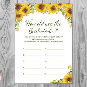 Sunflower Summer How old was the Bride to be Bridal Shower game, Guess the age of Bride, Shower game, Bridal shower activity TH80