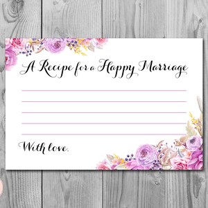 パープル 幸せな結婚のためのレシピ 印刷可能なカード、ウェディング シャワー、ブライダル シャワー ゲーム、ブライダル シャワー アクティビティ、印刷可能なゲーム WD72 TH19