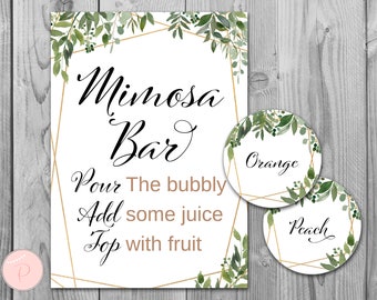 Greenery Mimosa Bar Sign, Bubbly Bar Sign, with Round Juice Tags, Printable Sign, Wedding Decoration Sign, Bridal Shower Decoration TH93