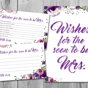 Púrpura Floral Deseos para la novia para ser tarjeta, deseos para la próxima será la señora, actividades de fiesta de compromiso, ducha de novia juego WD83 TH43