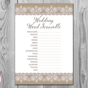 Burlap and Lace Wedding Word Scramble, Bridal Shower Game, Unscramble, Wedding game, Bridal shower activity, Printable Game TH79